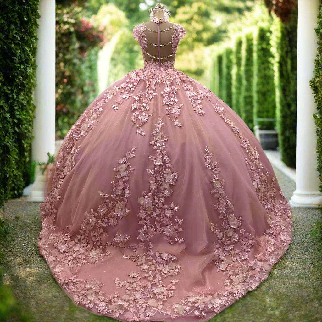 Pink Floral Quinceanera Ball Gown