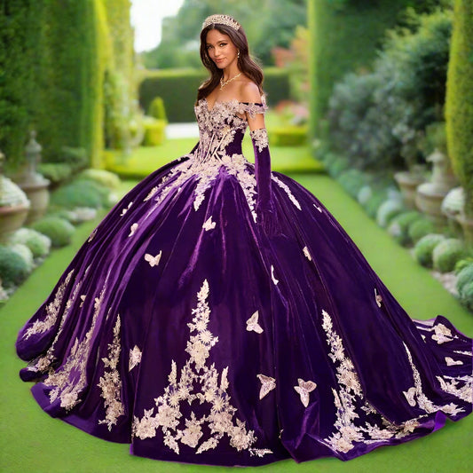 Purple Off The Shoulder Velvet Quinceanera Gown
