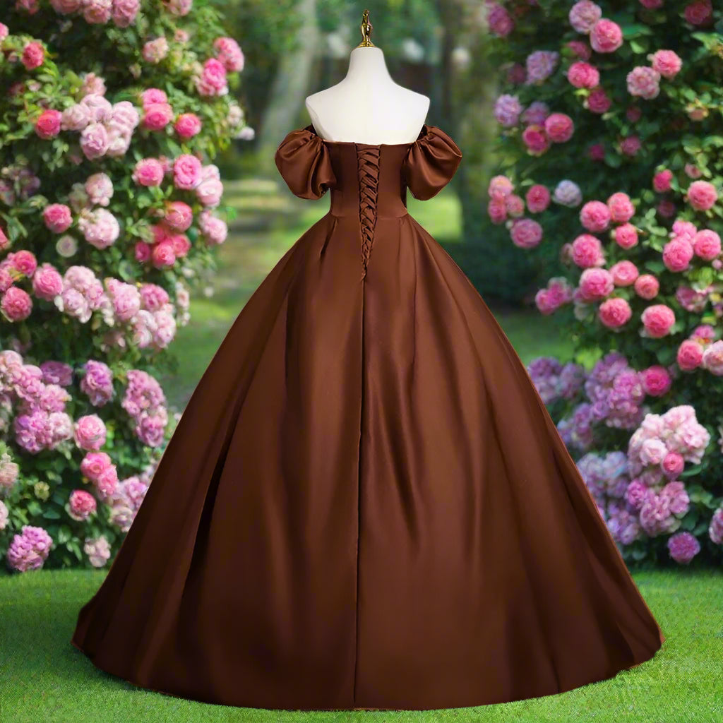 Brown Off The Shoulder Satin Quinceanera Gown