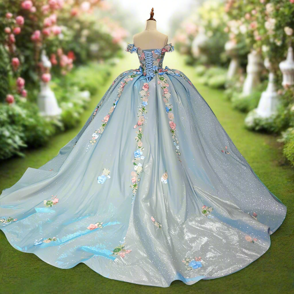 Blue Off The Shoulder Quinceanera Ball Gown with 3D Flowers