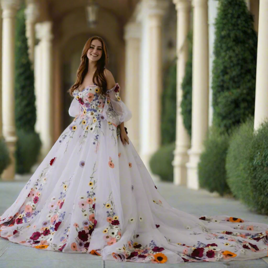3D Flower Wedding Dress with Puff Sleeves