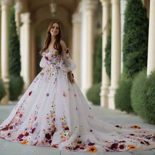 3D Flower Wedding Dress with Puff Sleeves