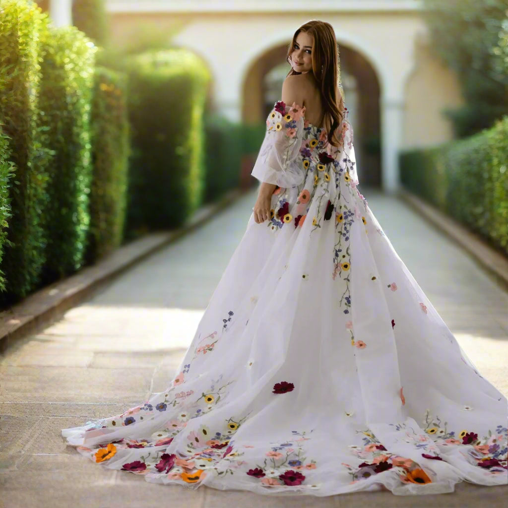 3D Flower Wedding Dress with Puff Sleeves