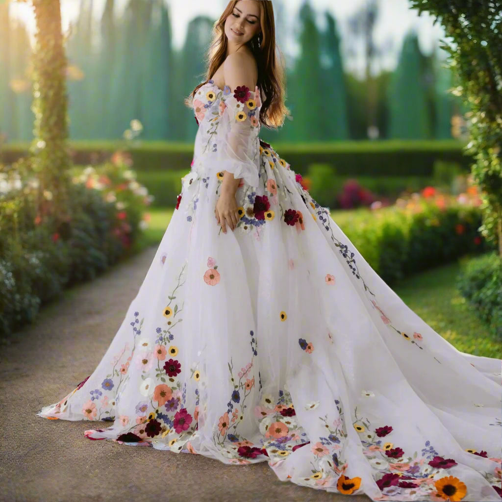 3D Flower Wedding Dress with Puff Sleeves