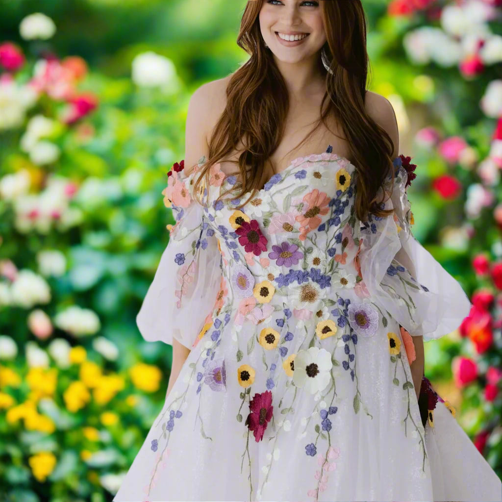 3D Flower Wedding Dress with Puff Sleeves