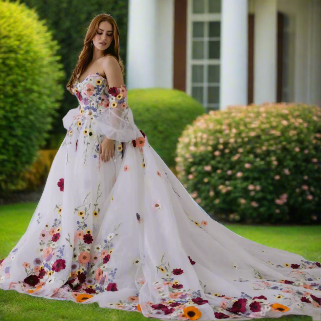3D Flower Wedding Dress with Puff Sleeves