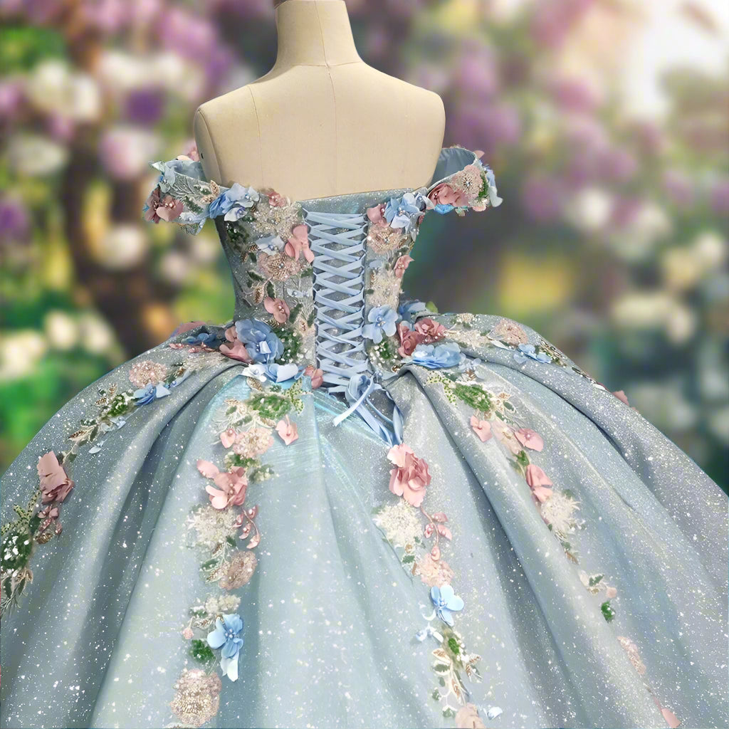 Blue Off The Shoulder Quinceanera Ball Gown with 3D Flowers