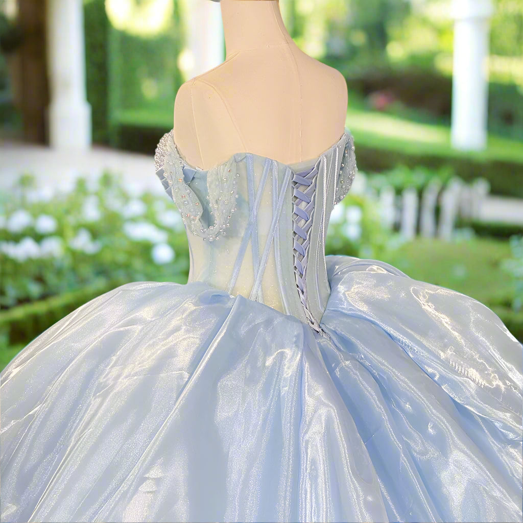 Blue Off The Shoulder Pearl Beaded Quinceanera Gown