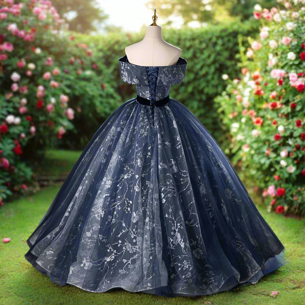 Blue Floral Off The Shoulder Quinceanera Ball Gown