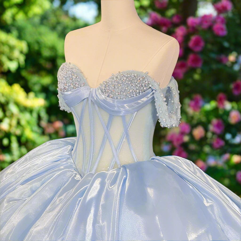 Blue Off The Shoulder Pearl Beaded Quinceanera Gown