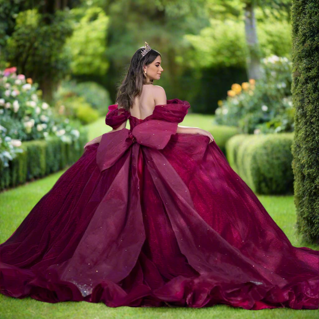Sparkle Burgundy Off The Shoulder Quinceanera Gown with Bow Accent