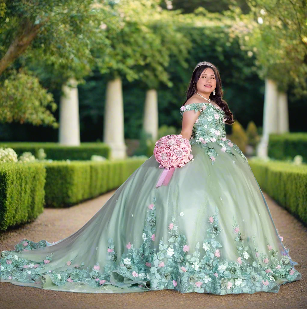Mint Green Off The Shoulder Quinceanera Gown with 3D Flowers