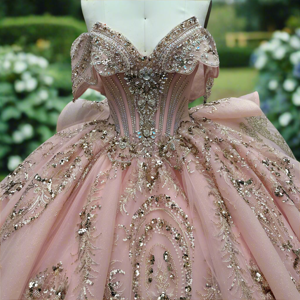 Quinceanera Off The Shoulder Pink Lace Ball Gown