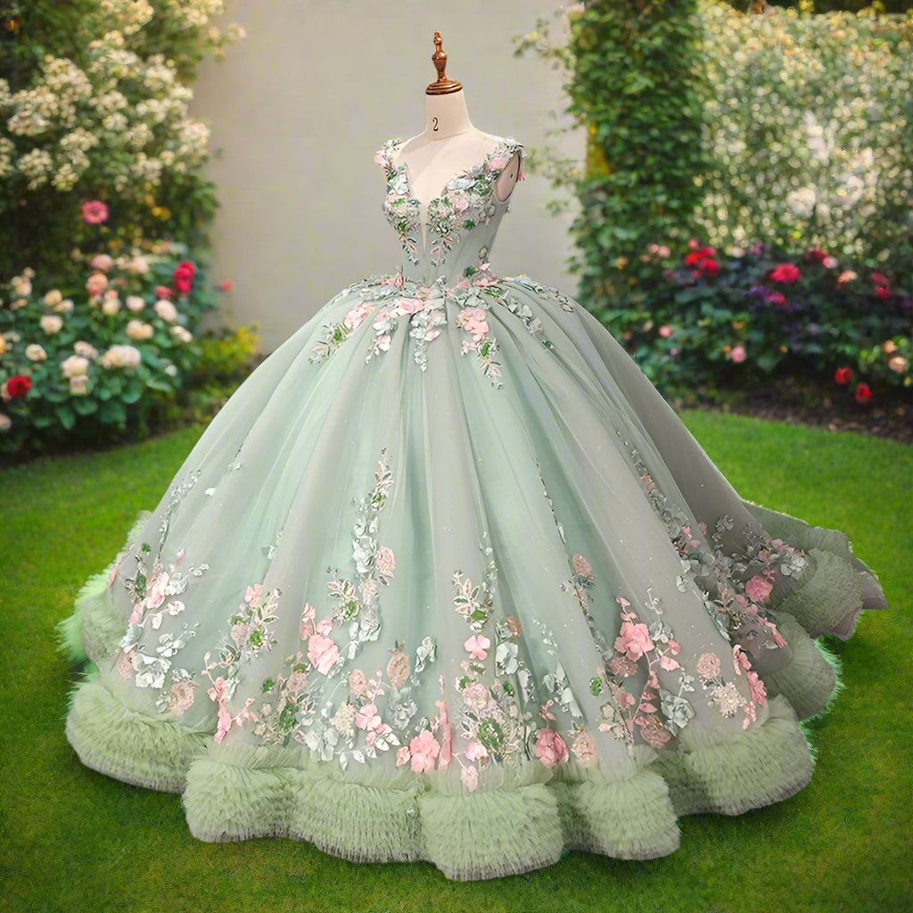 Green Sparkly Quinceanera Dress with 3D Flowers