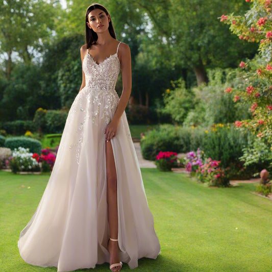 A-Line Side Slit Lace Bridal Gown