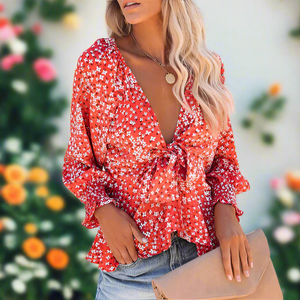 Floral V-Neck Long Sleeve Shirt
