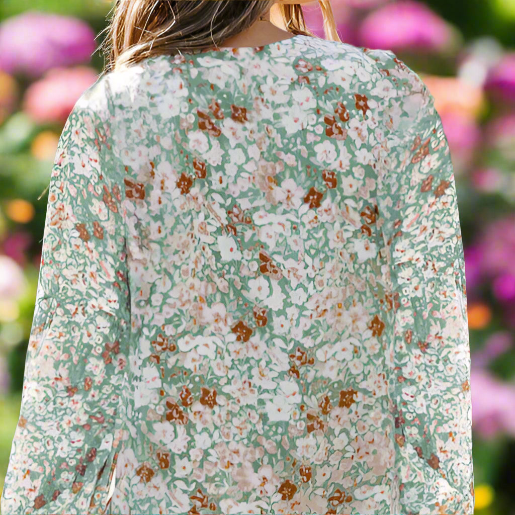 V-Neck Lantern Sleeve Floral Print Chiffon Top