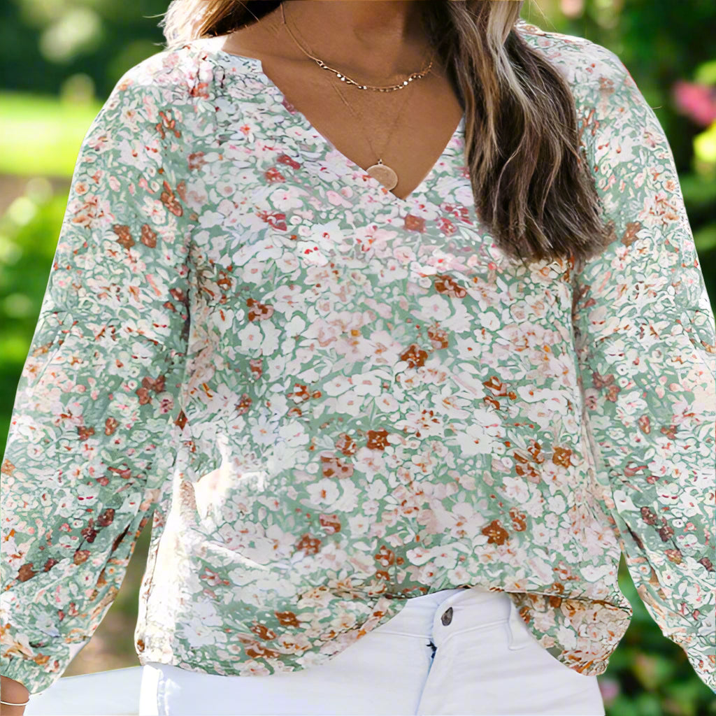 V-Neck Lantern Sleeve Floral Print Chiffon Top