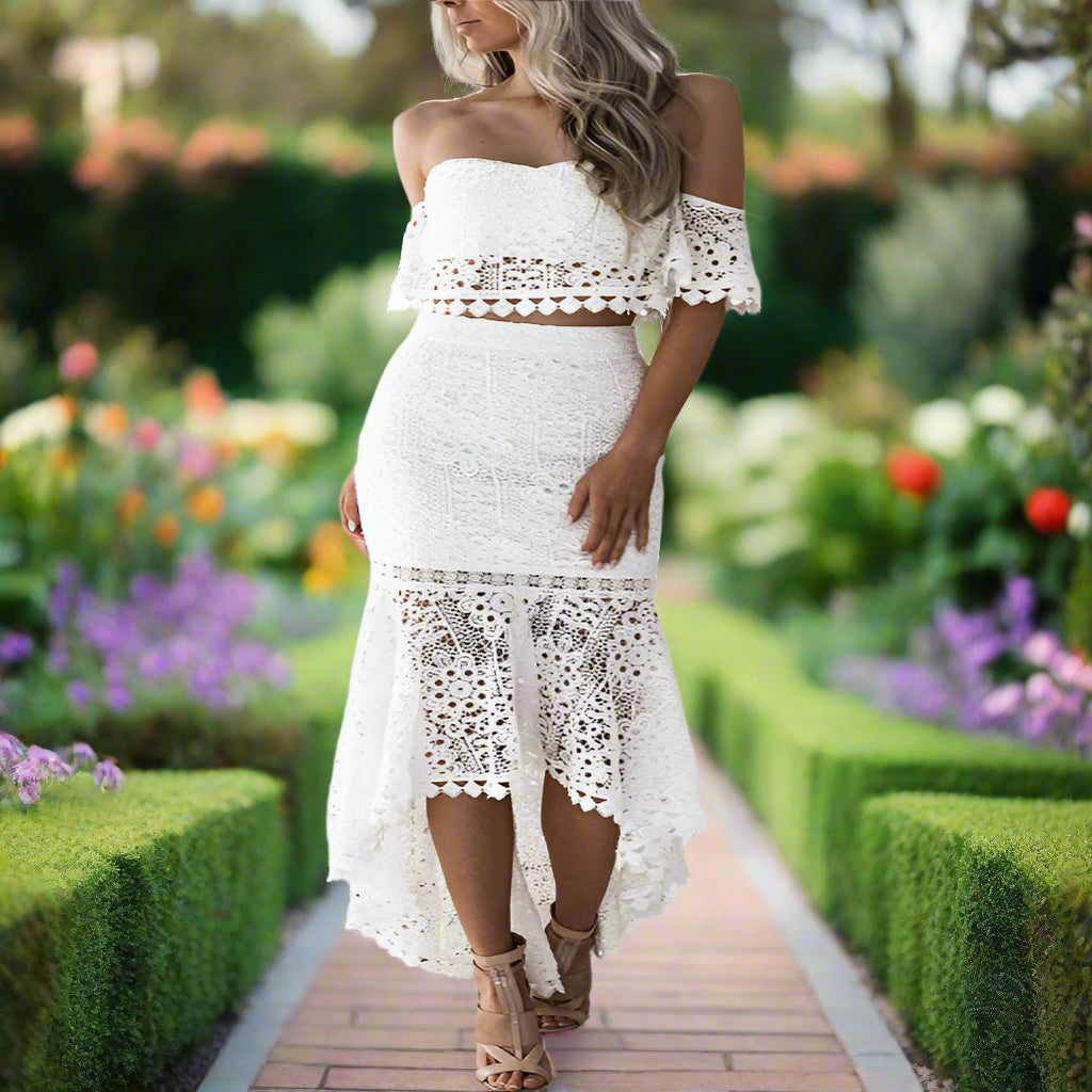 White Lace Crop Top & Skirt Set