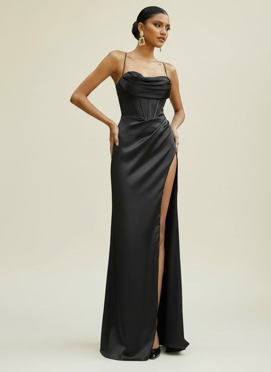 High Slit Satin Pleated Gown
