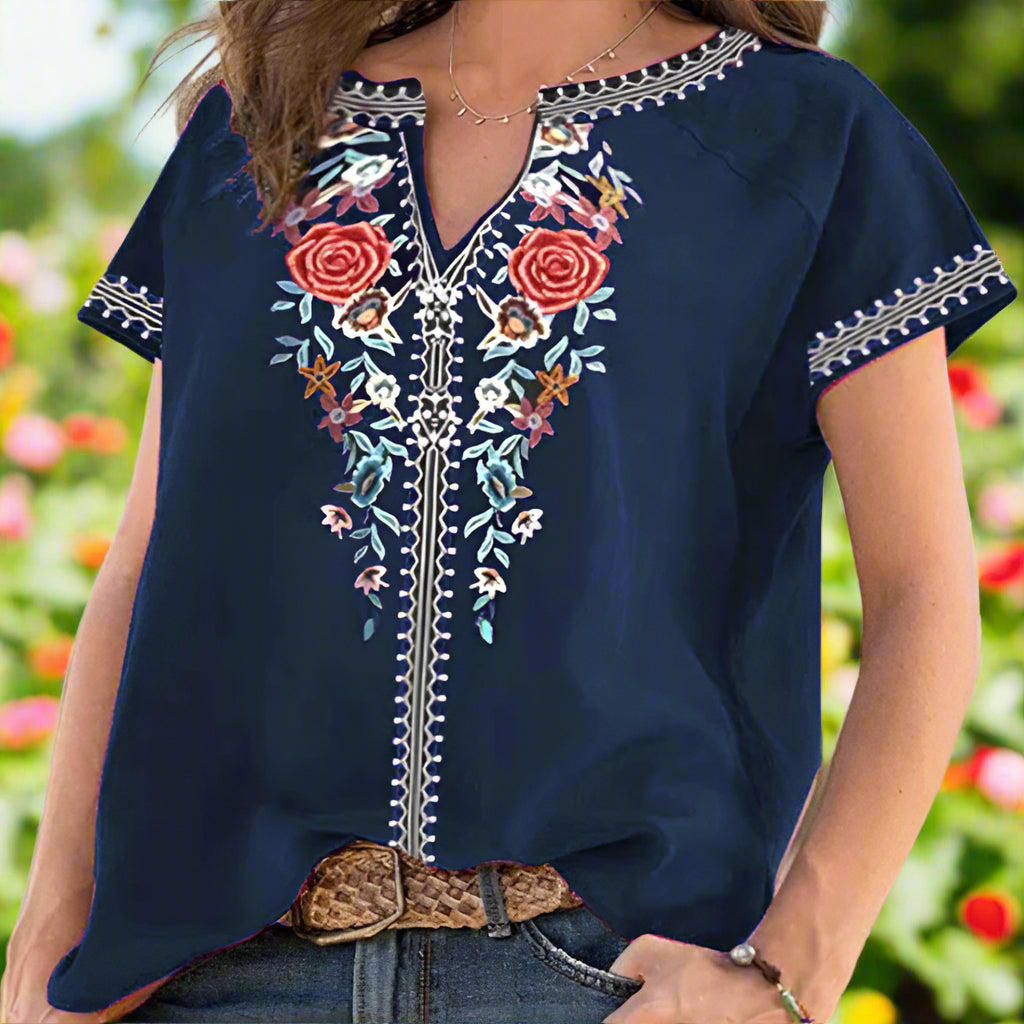 Flower Embroidered V-Neck Top