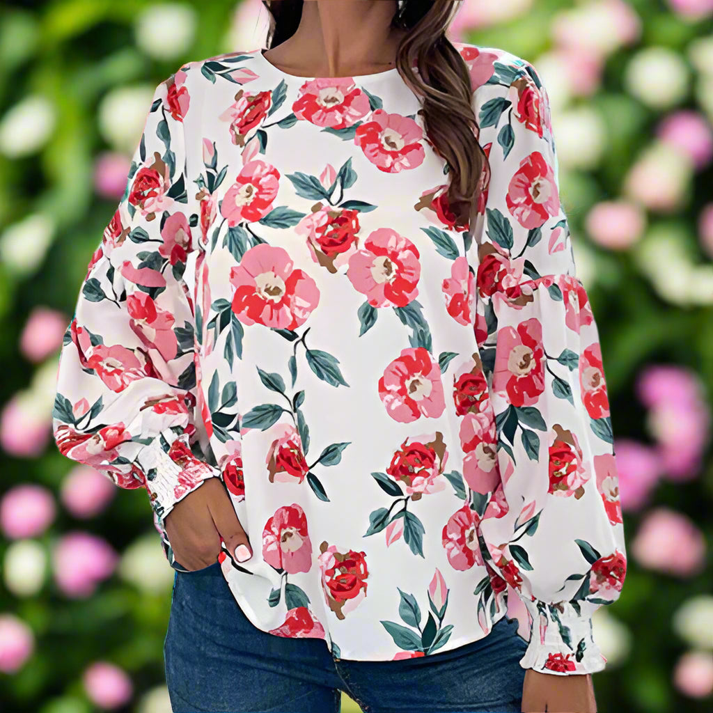 Round Neck Long Sleeve Floral Top