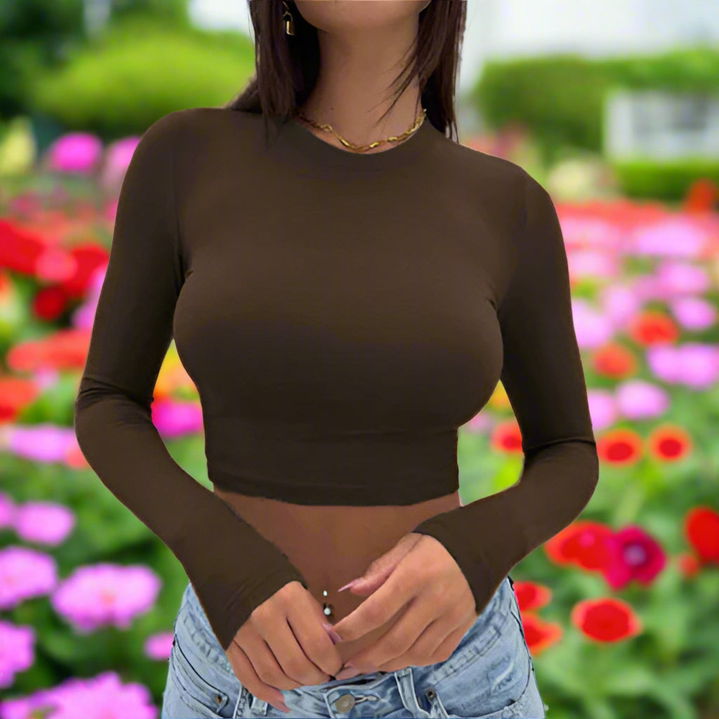Round Neck Long Sleeve Crop Top