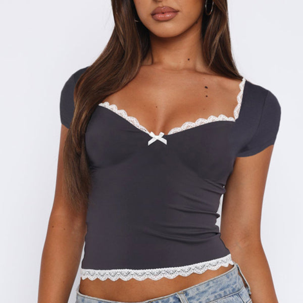 Lace Hem Short Sleeve Top