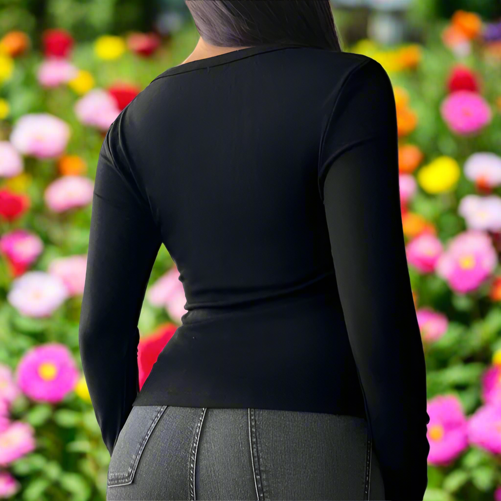 V-Neck Half Button Long Sleeve Top