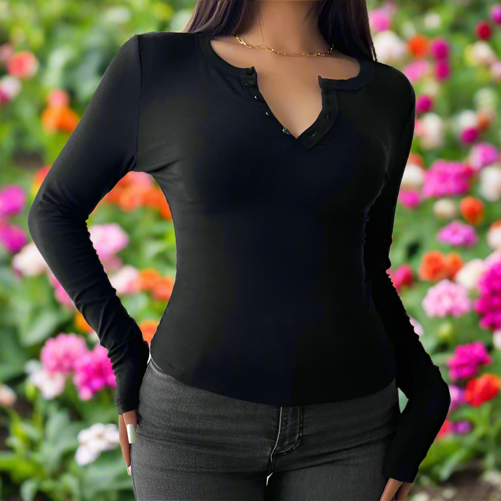 V-Neck Half Button Long Sleeve Top