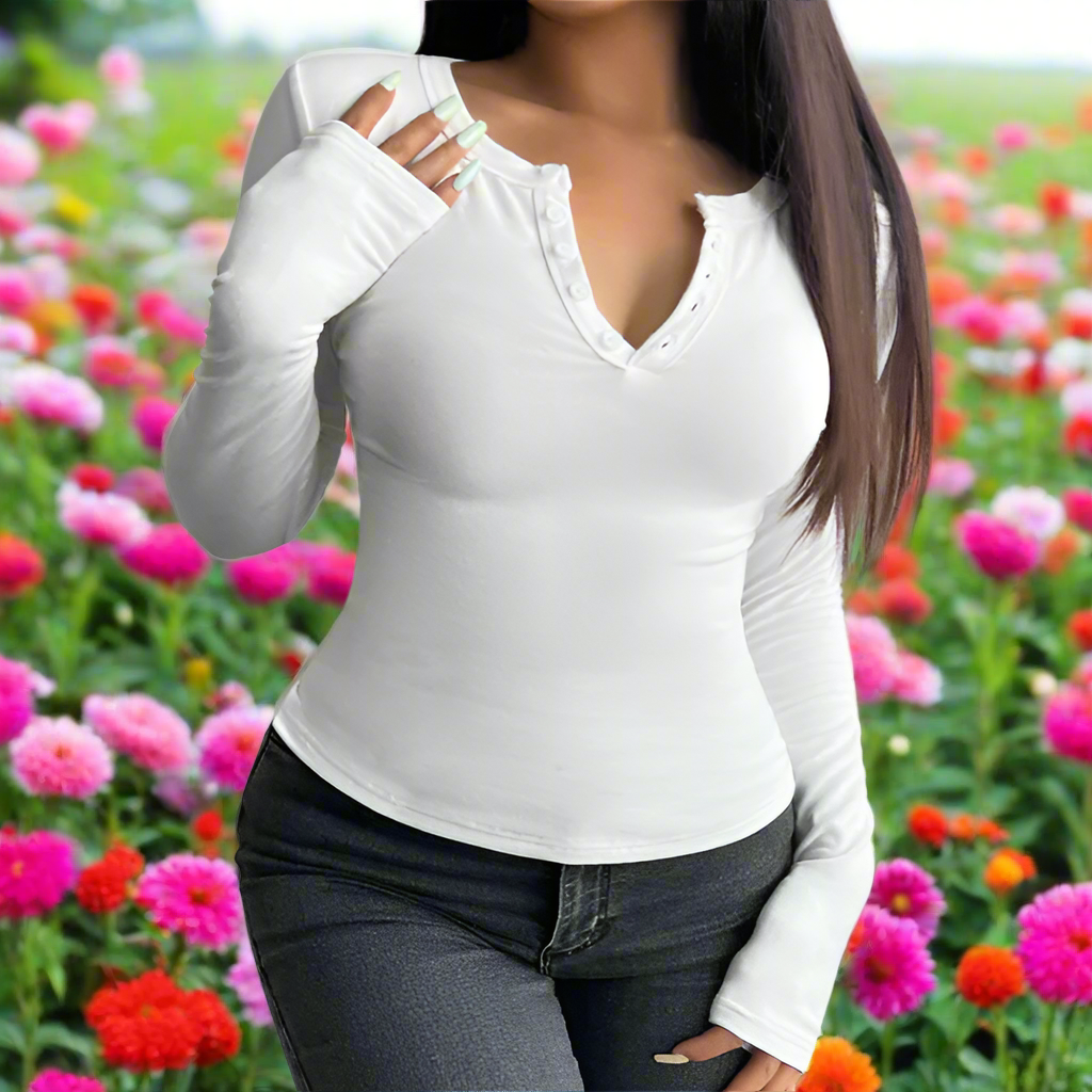 V-Neck Half Button Long Sleeve Top