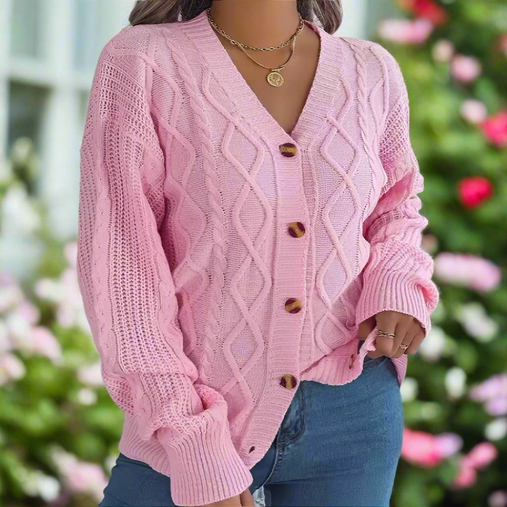 V-neck Lantern Sleeve Button Knit Cardigan