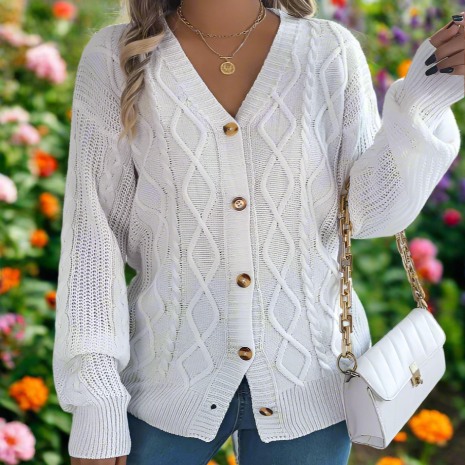V-neck Lantern Sleeve Button Knit Cardigan