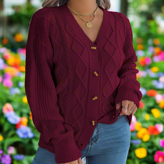 V-neck Lantern Sleeve Button Knit Cardigan