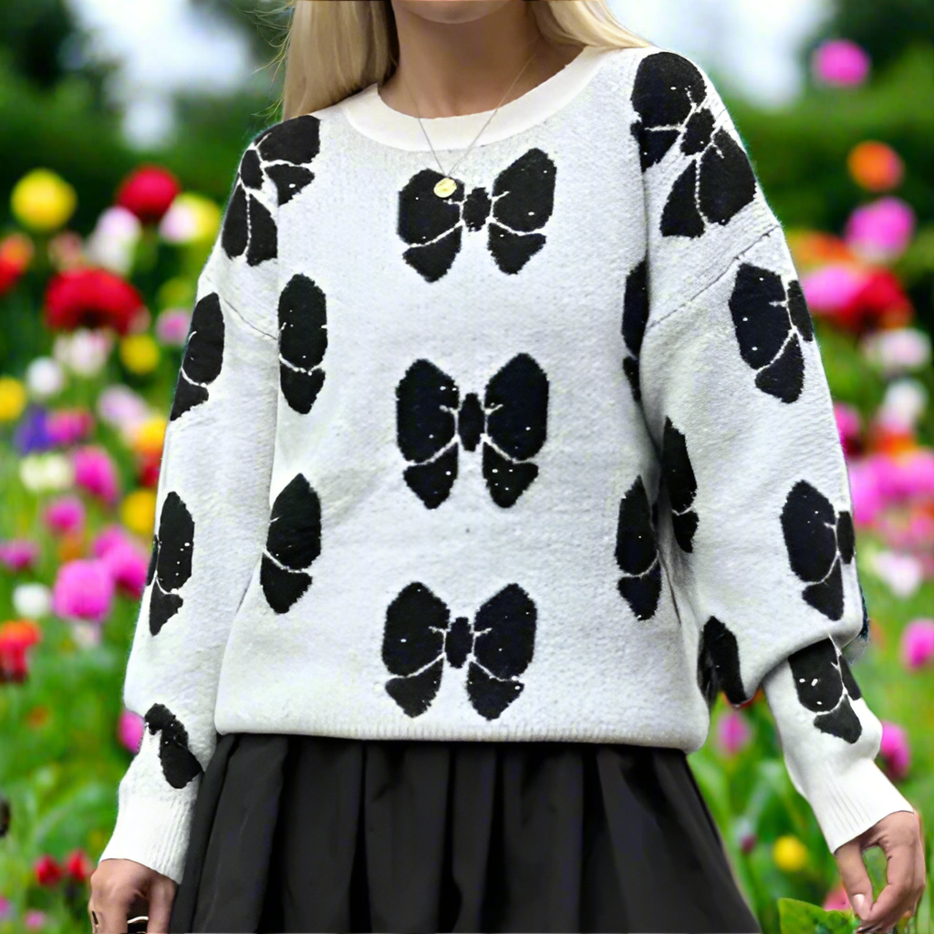 Knit Sweater with Bow Print