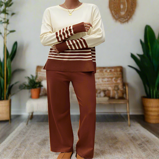 Striped Long Sleeve Top & Knit Pant Set
