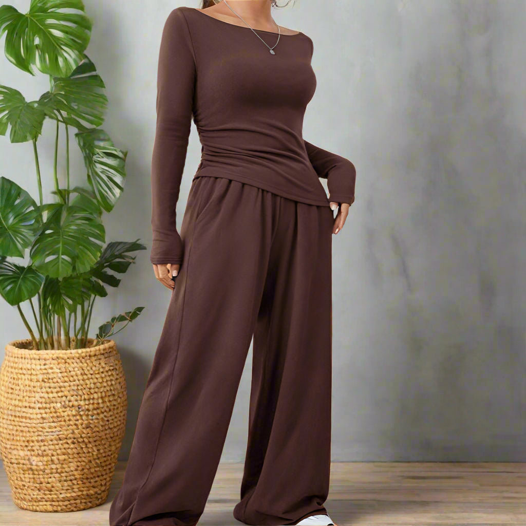 Off The Shoulder Long Sleeve Top & Pant Set