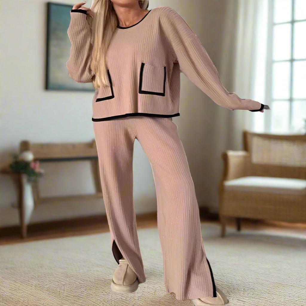 Long Sleeve Pocket Top & Pant Knit Set