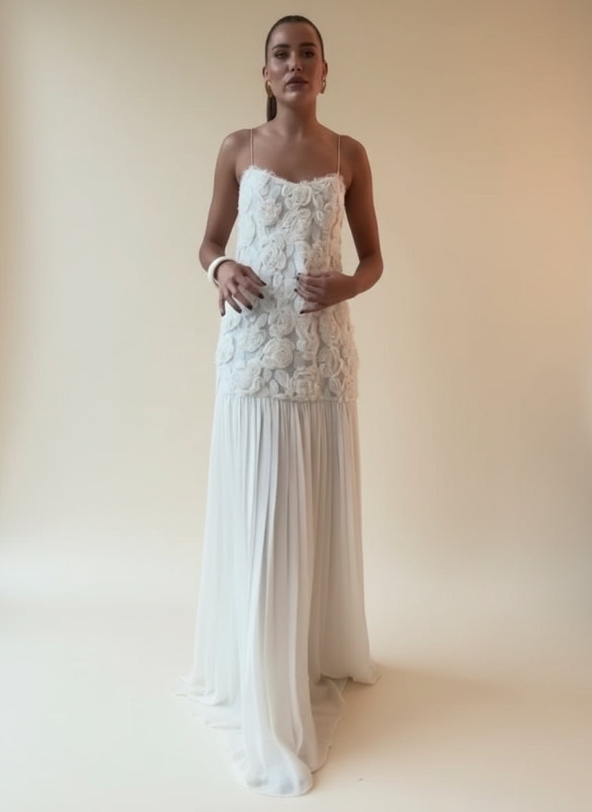 Elegant Maxi Dress with 3D Floral Appliqué and Flowing Pleated Skirt