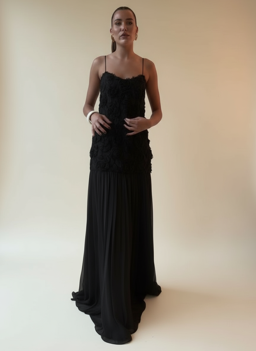 Elegant Maxi Dress with 3D Floral Appliqué and Flowing Pleated Skirt