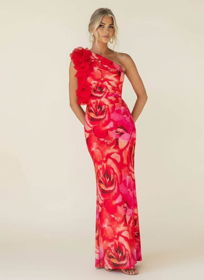 One Shoulder Floral Bodycon Dress