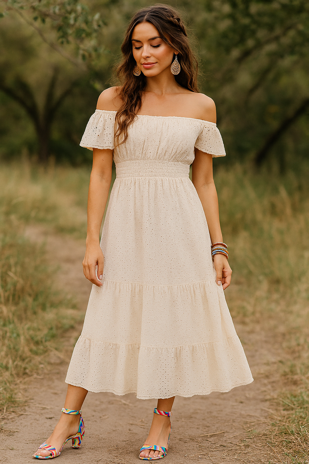 Woman wearing a beige off-shoulder dress in a natural setting