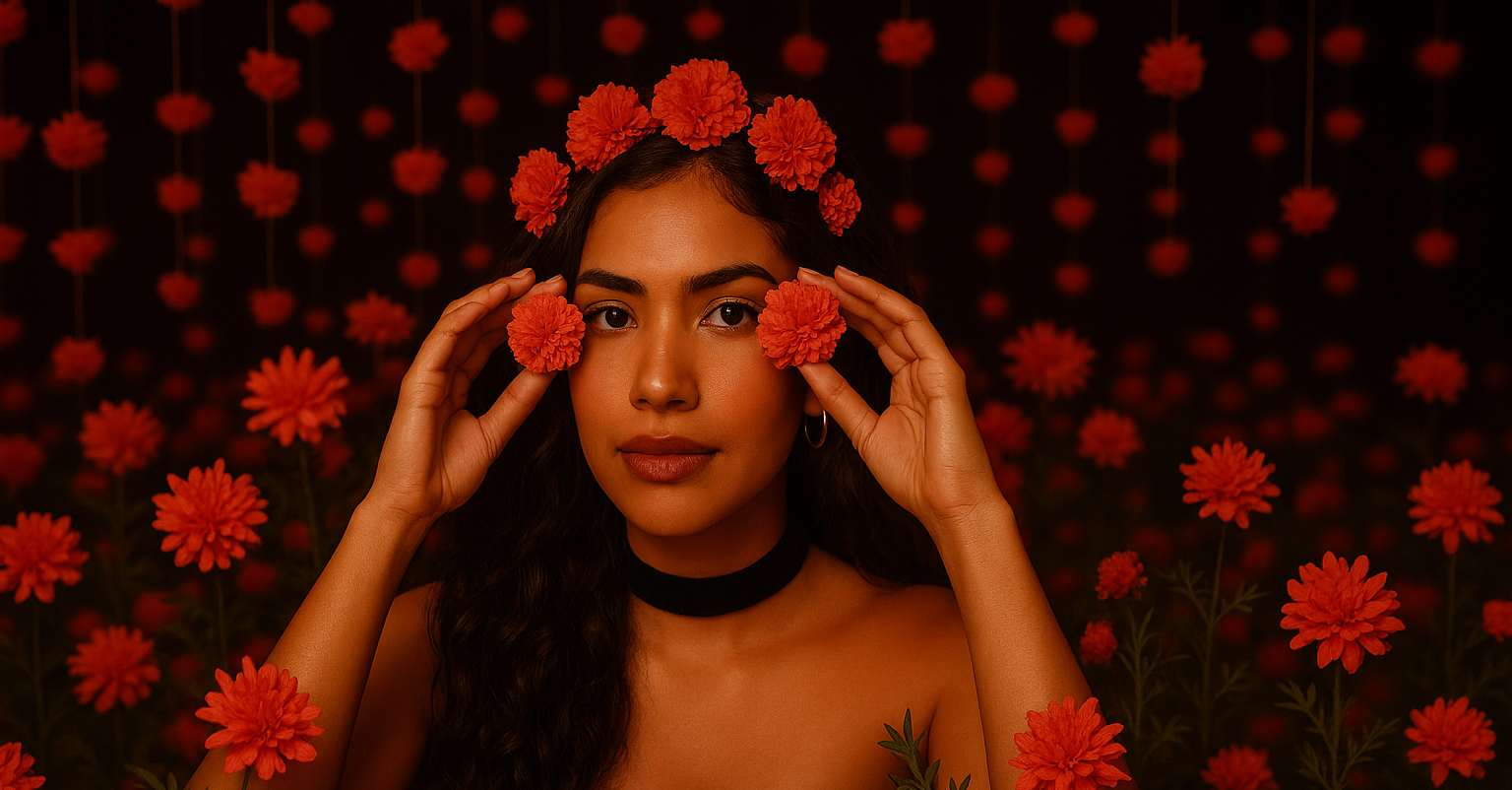 Woman with floral headpiece against a dark background with red flowers