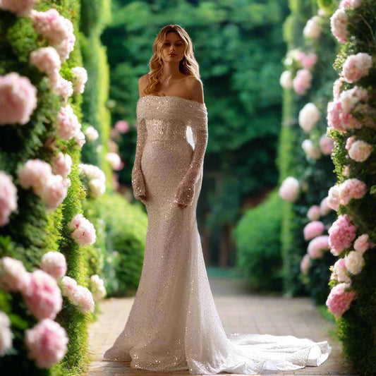 Glitter Long Sleeve Off The Shoulder Mermaid Wedding Dress