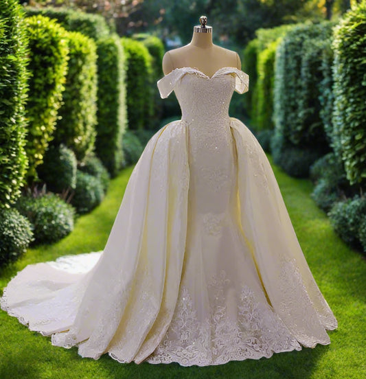 Off Shoulder Lace Wedding Dress with Detachable Skirt